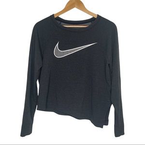 Nike Women's Charcoal Grey, White Swoosh Asymmetrical Hem Long Sleeve T-Shirt